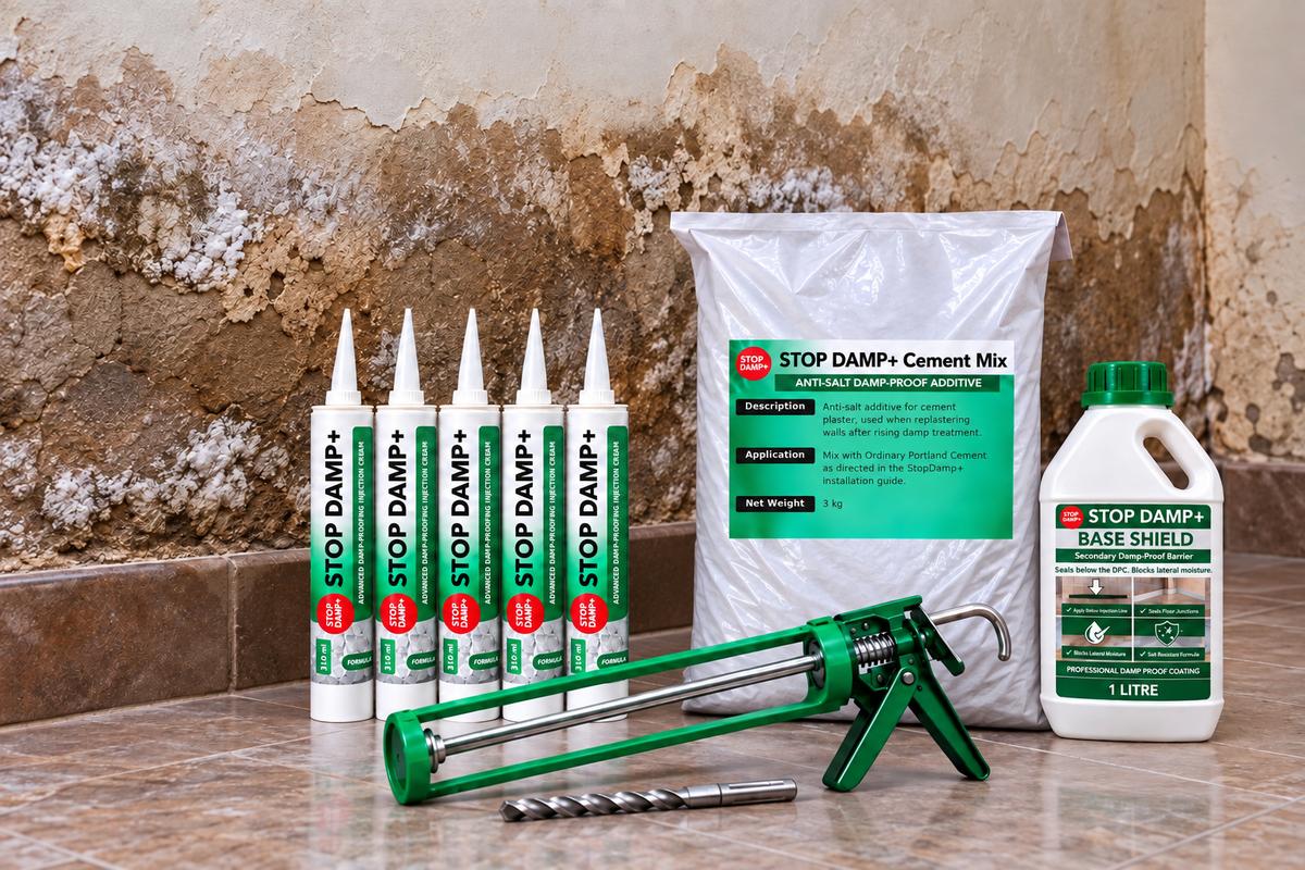 StopDamp+ Complete Kit: five Injection Cream cartridges, Cement Mix, BaseShield, caulking gun and drill bit, in front of a wall with rising damp damage